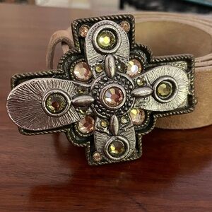 Tan Leather Belt with Silver Cross Buckle